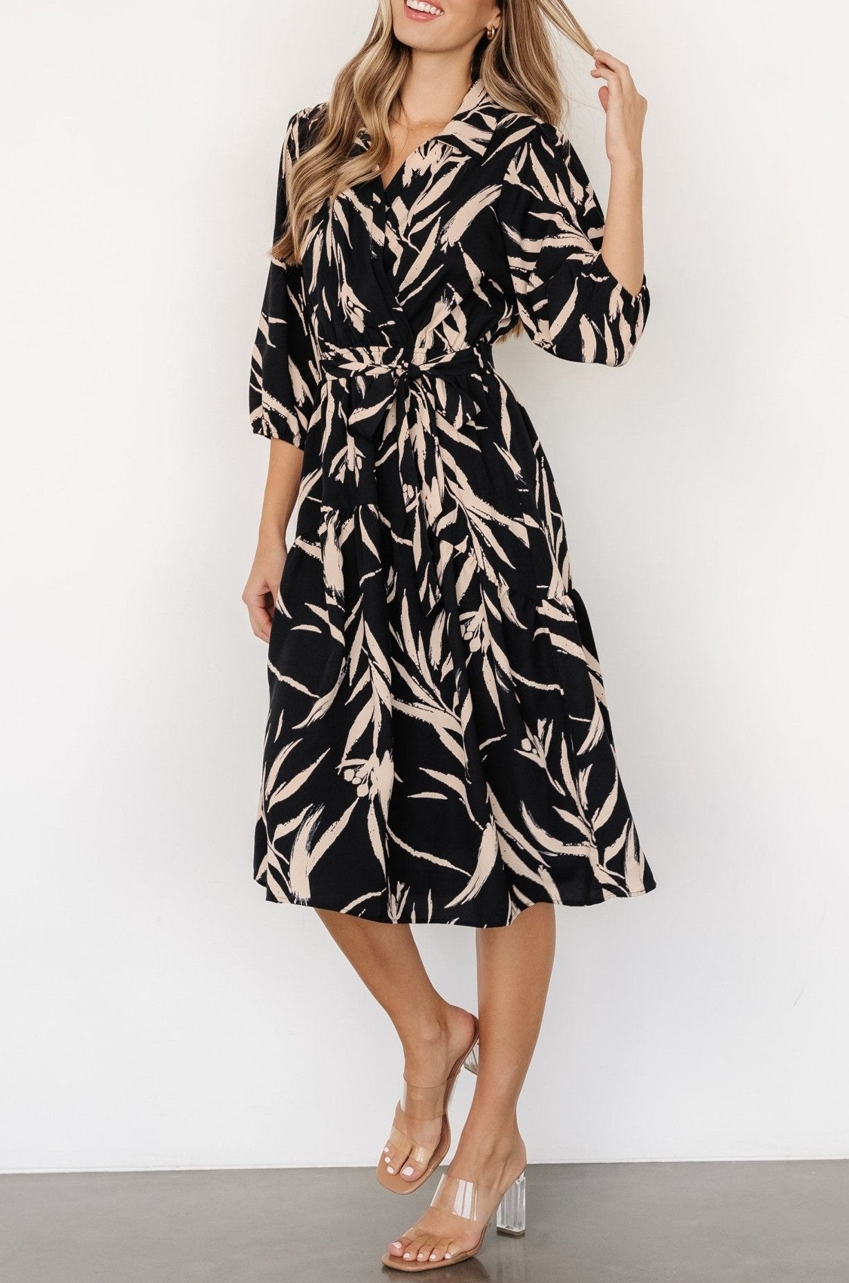 Stylish Plant Print V-Neck Midi Dress | FREIOM®