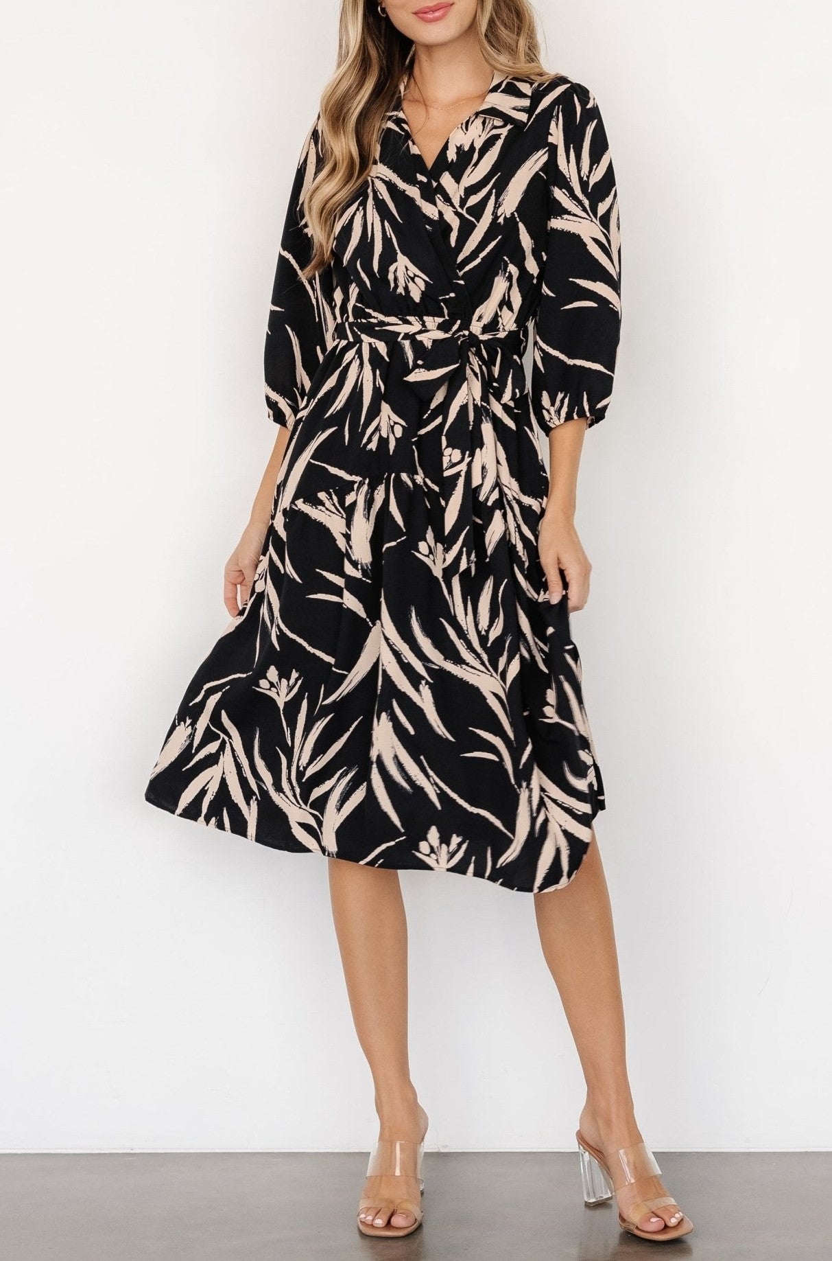 Stylish Plant Print V-Neck Midi Dress | FREIOM®