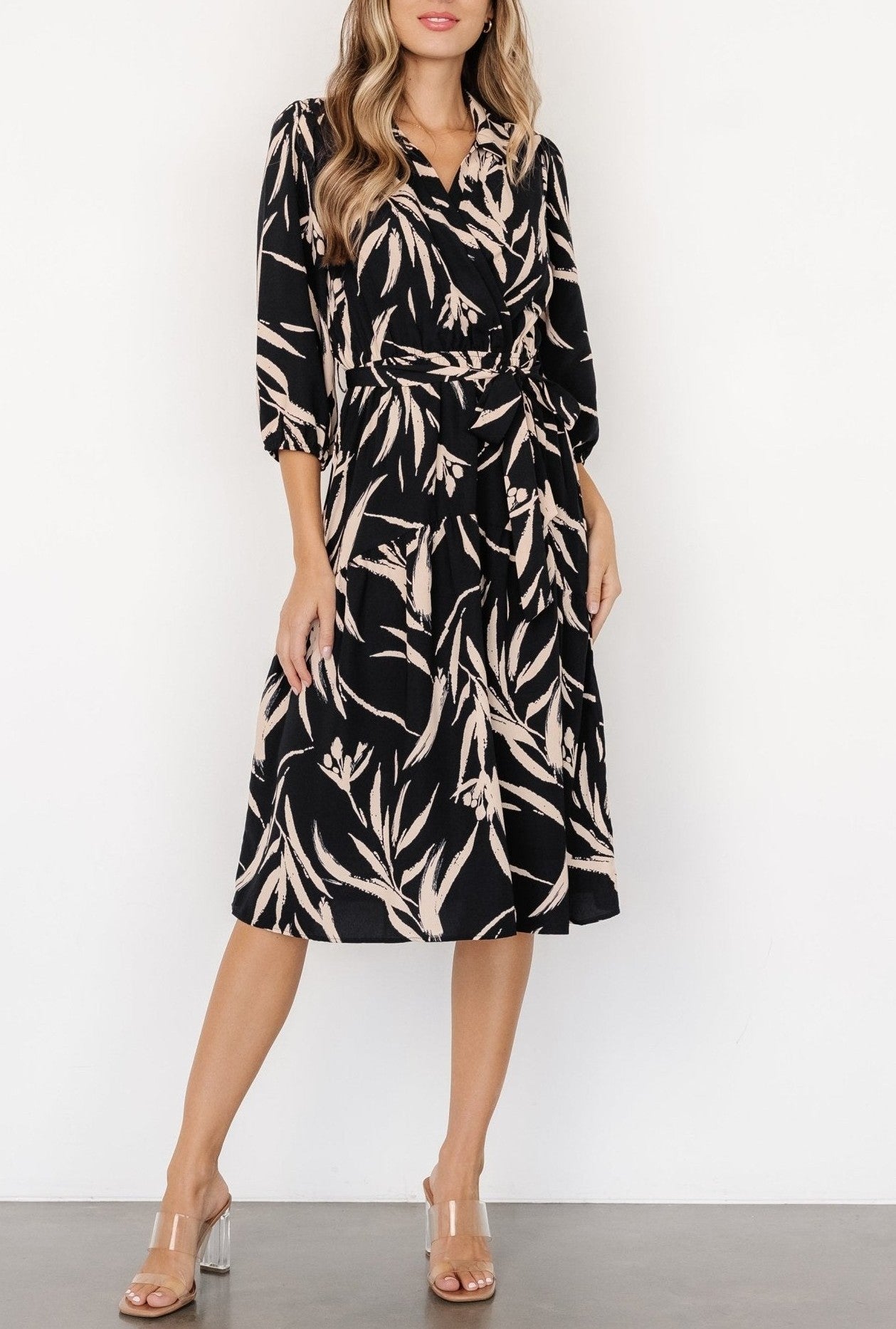 Stylish Plant Print V-Neck Midi Dress | FREIOM®