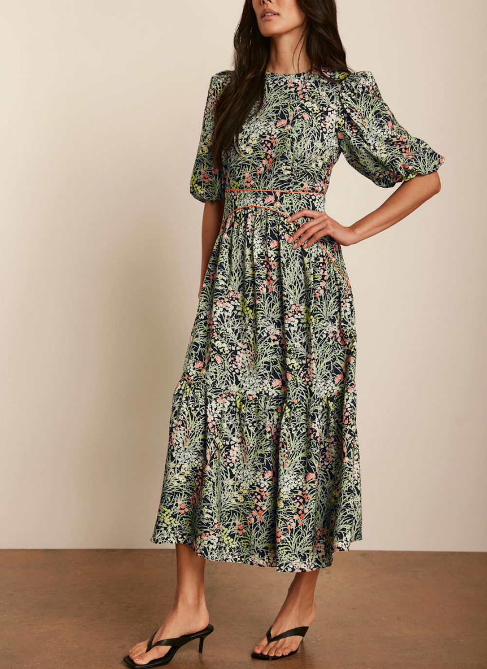 Green Puff Sleeve Floral Midi Dress | FREIOM®