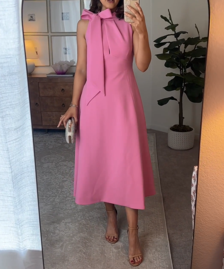 Elegant Stretch Bow Tie Neck Midi Dress