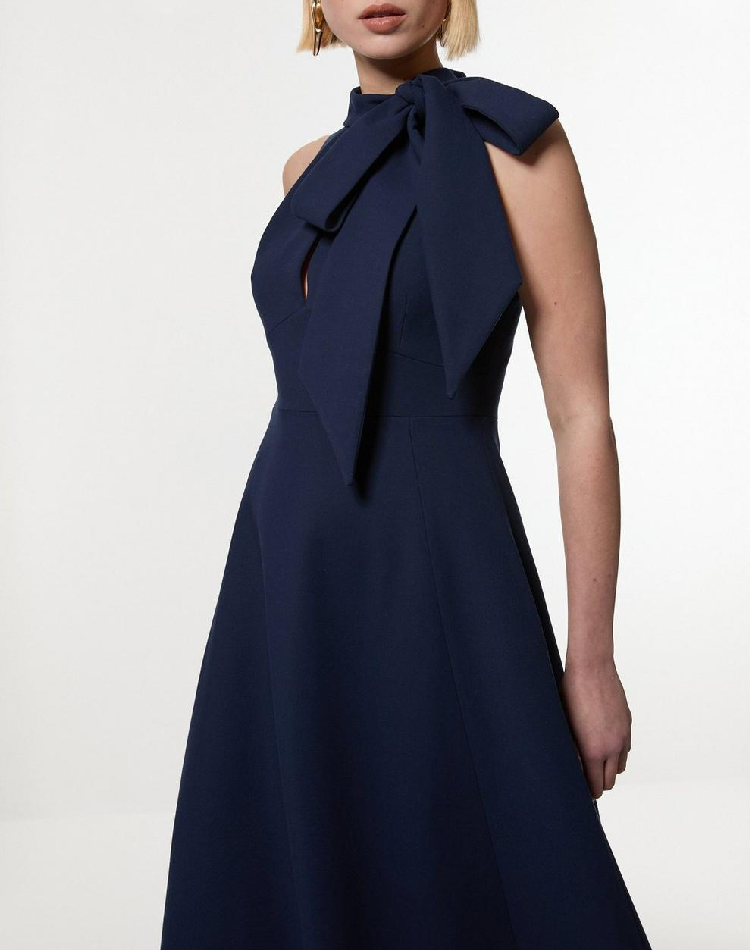 Elegant Stretch Bow Tie Neck Midi Dress