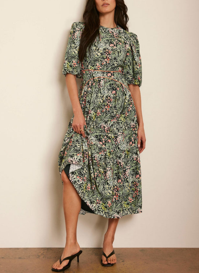 Green Puff Sleeve Floral Midi Dress | FREIOM®