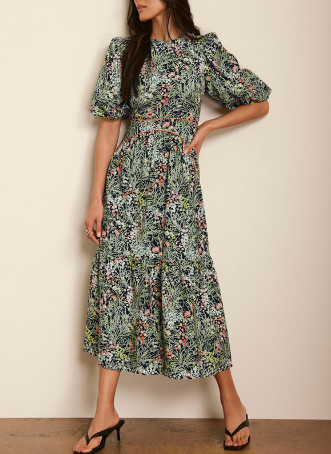 Green Puff Sleeve Floral Midi Dress | FREIOM®