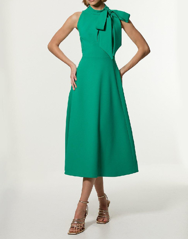 Elegant Stretch Bow Tie Neck Midi Dress