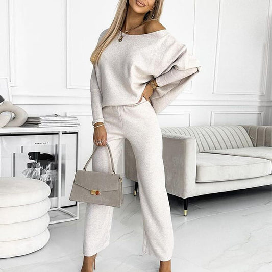 White Plain Round Neck Long Sleeve Two Piece Set